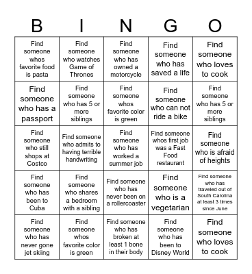 GET TO KNOW YOU Bingo Card