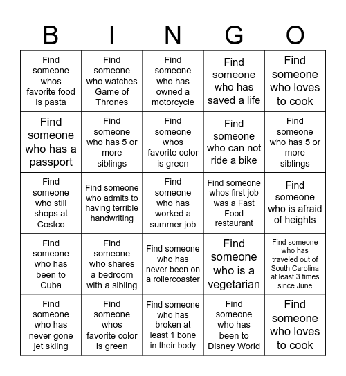 GET TO KNOW YOU Bingo Card