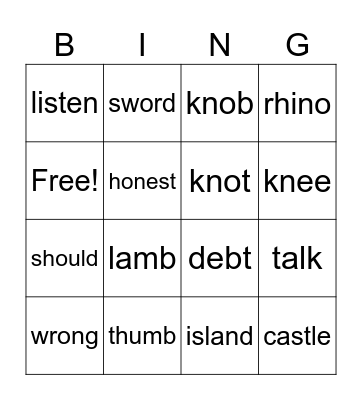 Bingo -silent letters Bingo Card