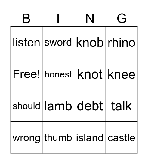 Bingo -silent letters Bingo Card
