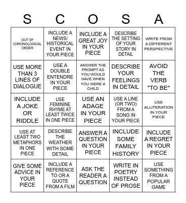 SCOSA Writers' 2025 BINGO Card