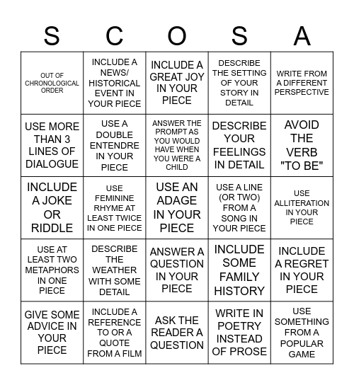 SCOSA Writers' 2025 BINGO Card