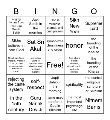 Sikhs Bingo Card