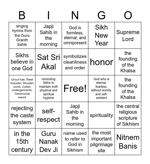 Sikhs Bingo Card