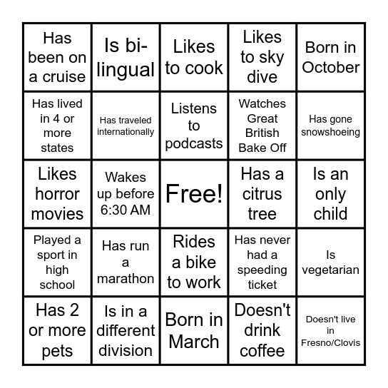 Coworker Team Building Bingo Card