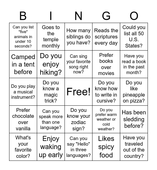 YM/YW Bingo Night Bingo Card