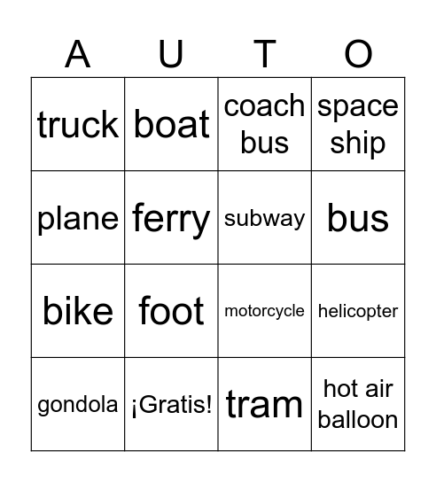 Means of Transportation Bingo Card