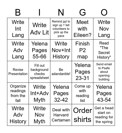 my tasks Bingo Card