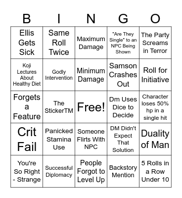 Venture's Odd Jobs Bingo Card