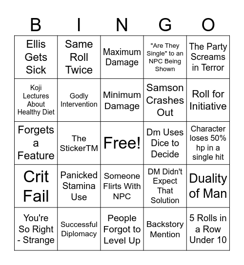 Venture's Odd Jobs Bingo Card