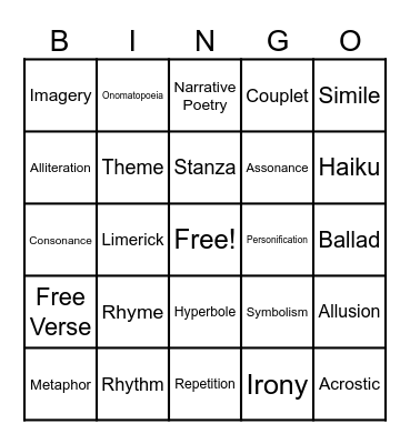 Poetry Bingo Card