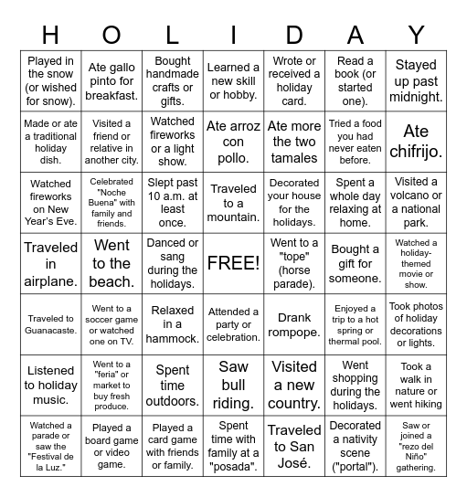 Holiday Break BINGO Card