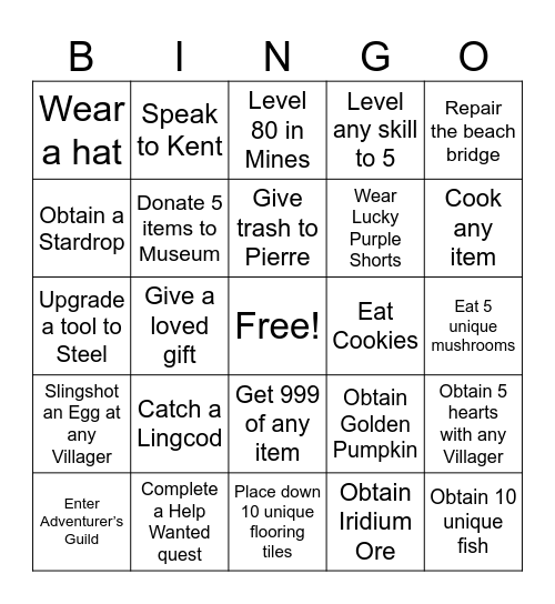 Stardew Bingo Card