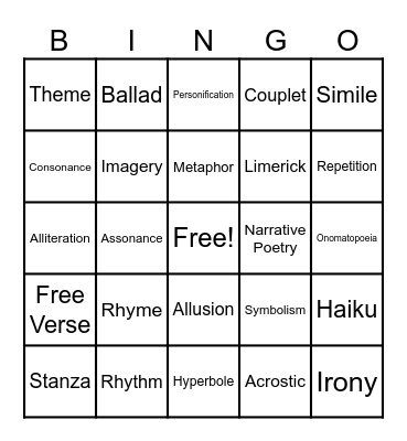 Poetry Bingo Card