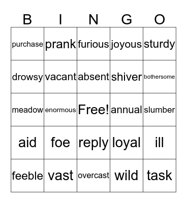 Synonyms Bingo Card