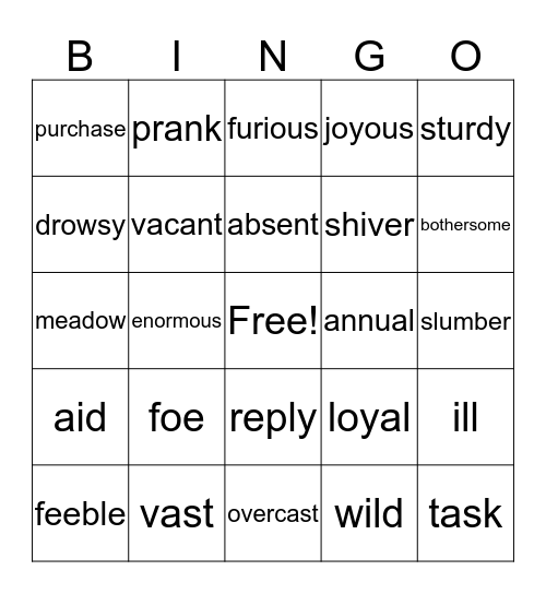 Synonyms Bingo Card