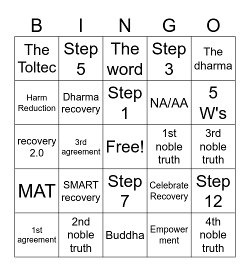 Paths to Recovery Bingo Card