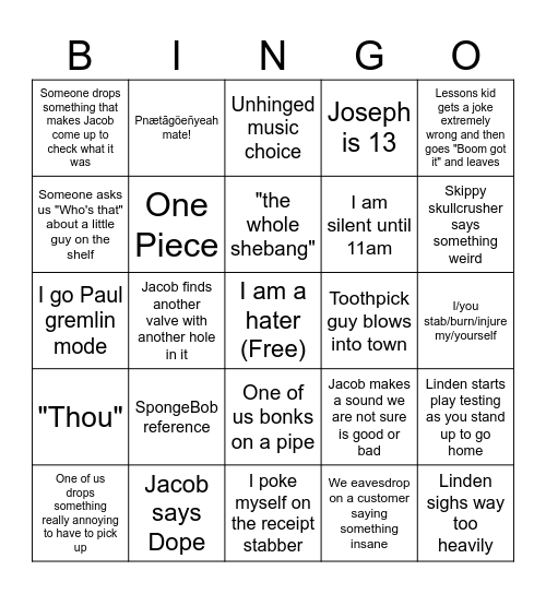 Caro Bingo Card