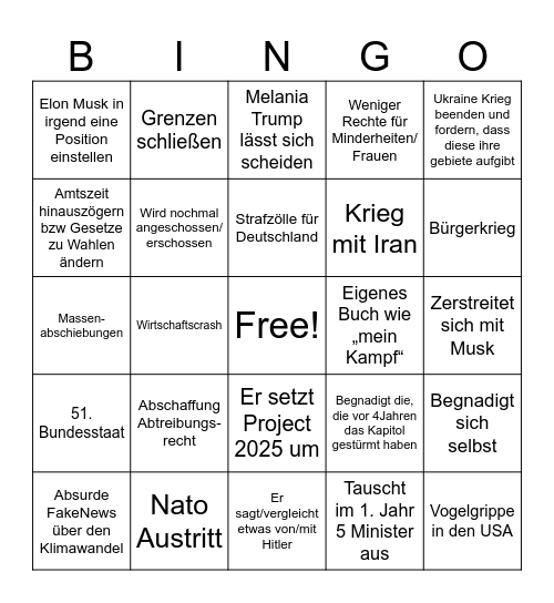 Trump Bingo 2025 Bingo Card