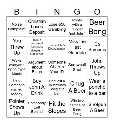 Johns Bachelor Party Bingo Card