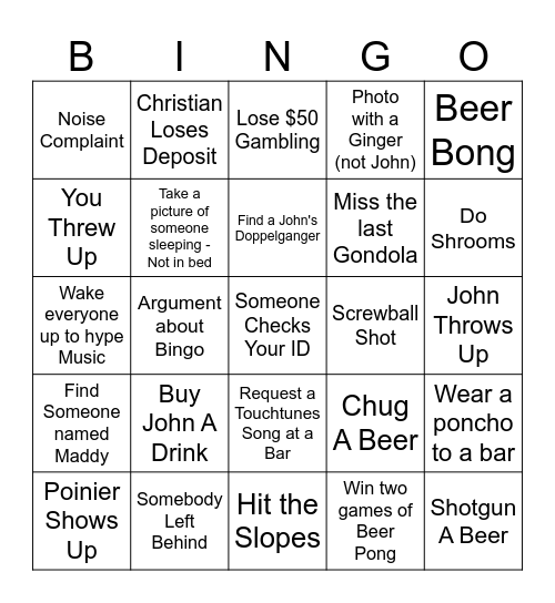 Johns Bachelor Party Bingo Card
