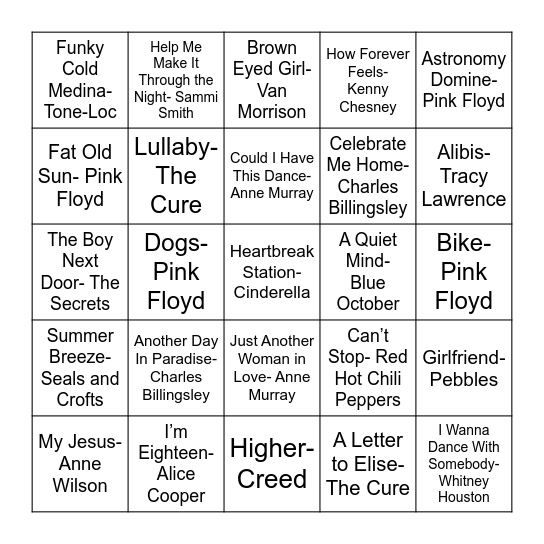 Favorite Songs Bingo Card
