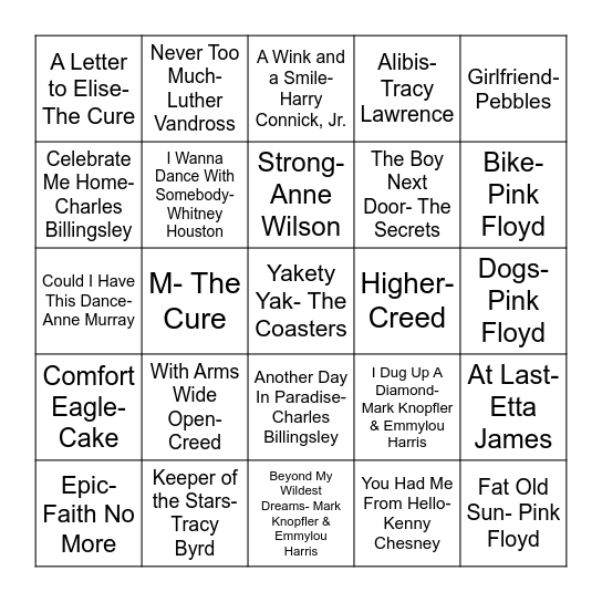Favorite Songs Bingo Card