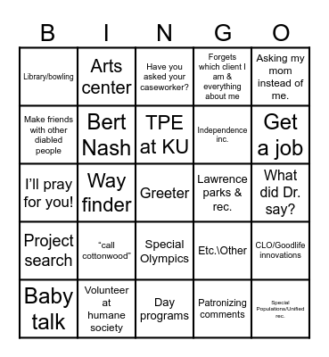 Unhelpful ideas for, & ableism towards, Seagan! Bingo Card