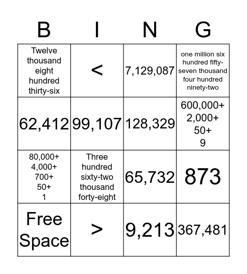 Whole Numbers Bingo Card