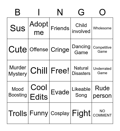 Roblox Tiktoks Bingo Card