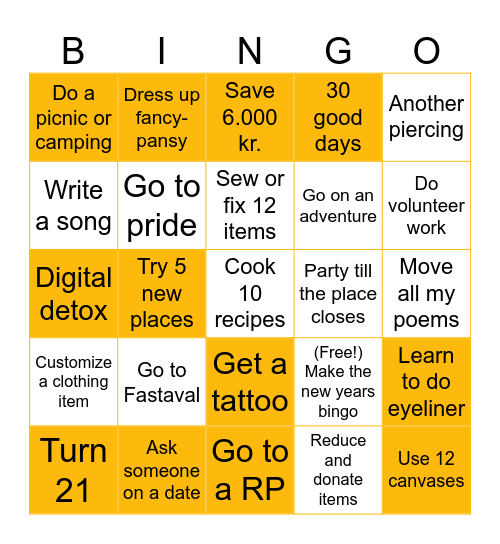 New years Bingo Card