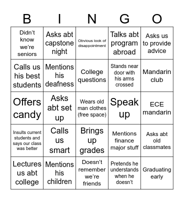 Specific Mandarin Teacher Bingo Card