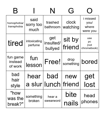 new semester bingo Card