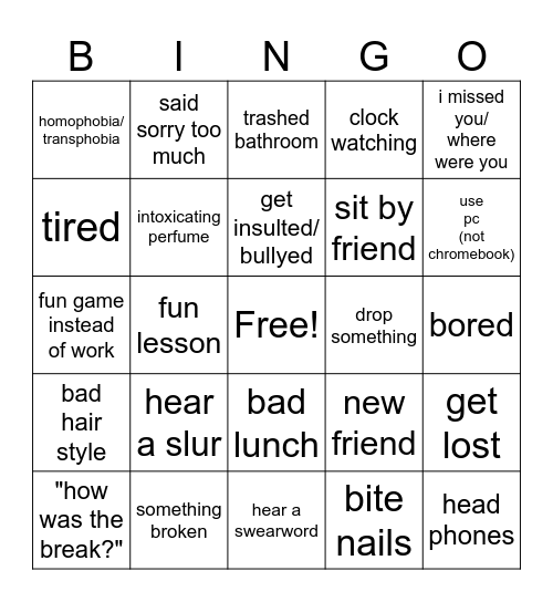 new semester bingo Card