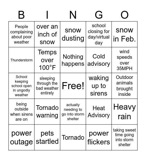 OK weather bingo Card