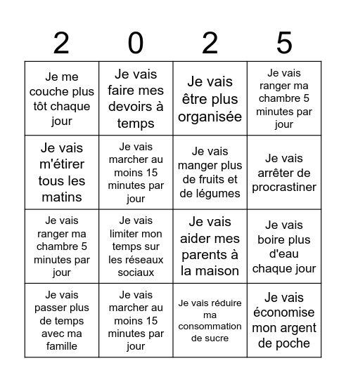 Les résolutions de Maddie Bingo Card