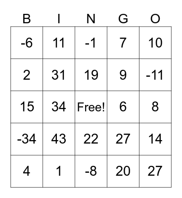 ADDITION AND SUBTRACTION OF INTEGERS BINGO Card