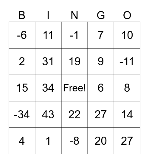 ADDITION AND SUBTRACTION OF INTEGERS BINGO Card