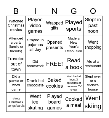 Winter Break Bingo - What did you do? Bingo Card