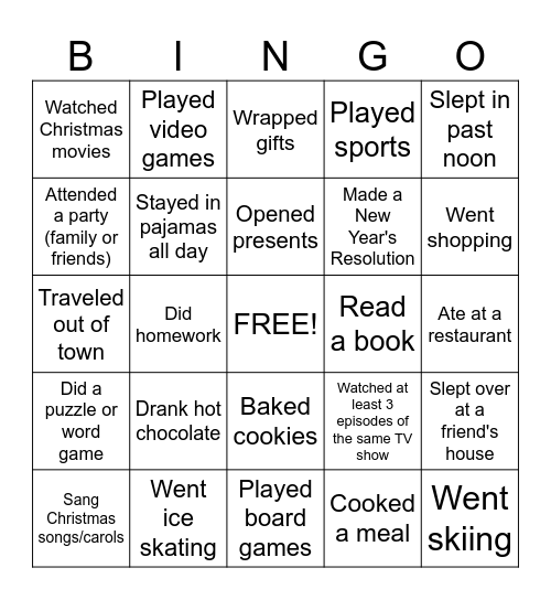 Winter Break Bingo - What did you do? Bingo Card