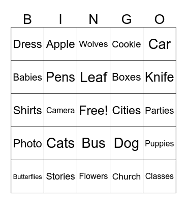 Singular and Plural Bingo Card