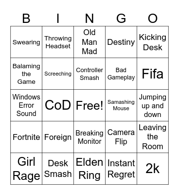 Gammer Rage Bingo Card