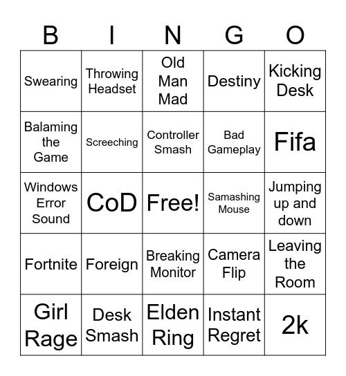 Gammer Rage Bingo Card