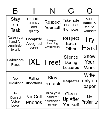 Classroom Expectations Bingo Card