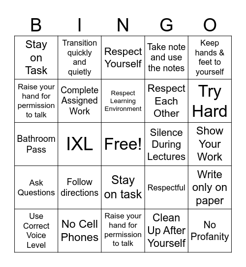 Classroom Expectations Bingo Card