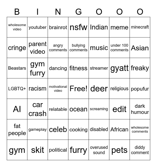Instagram reels Bingo Card