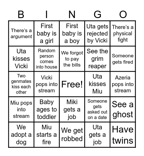 Uta's Unhinged Bingo Card