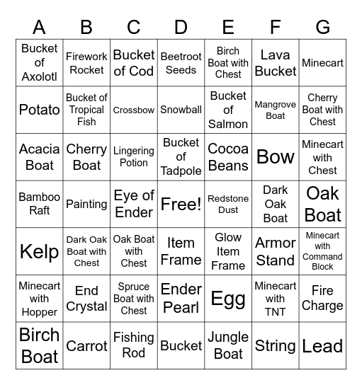 Minceraft Bingo Card