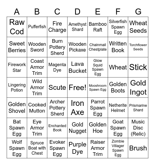 Minceraft Bingo Card