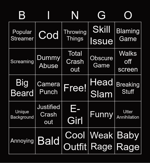 Gamer Rage Bingo Card